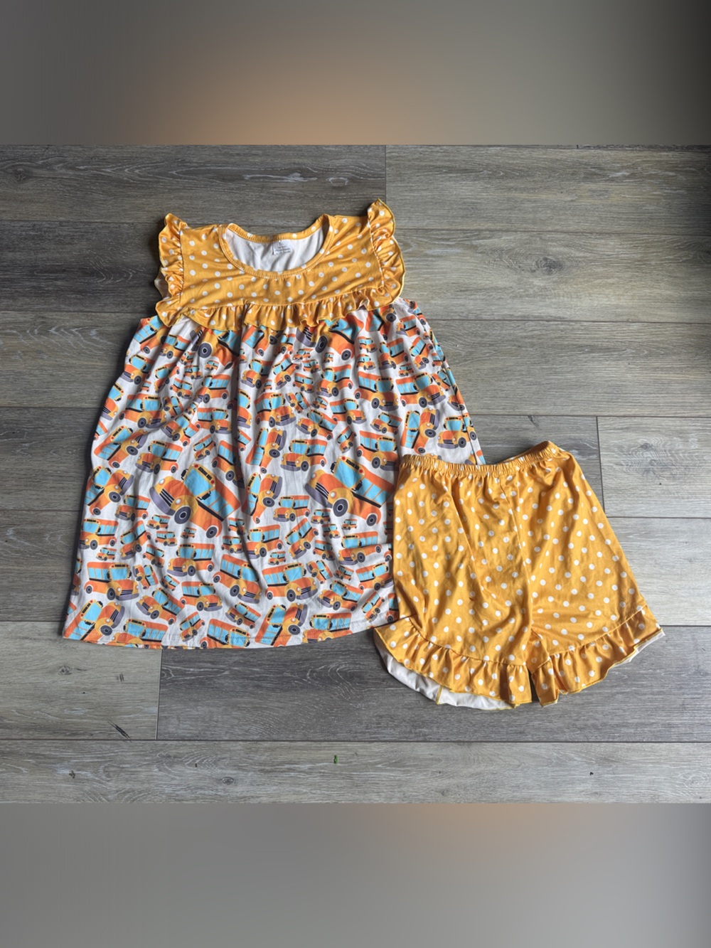 Boutique Yellow Polka Dot & School Bus Print Girls Matching Set